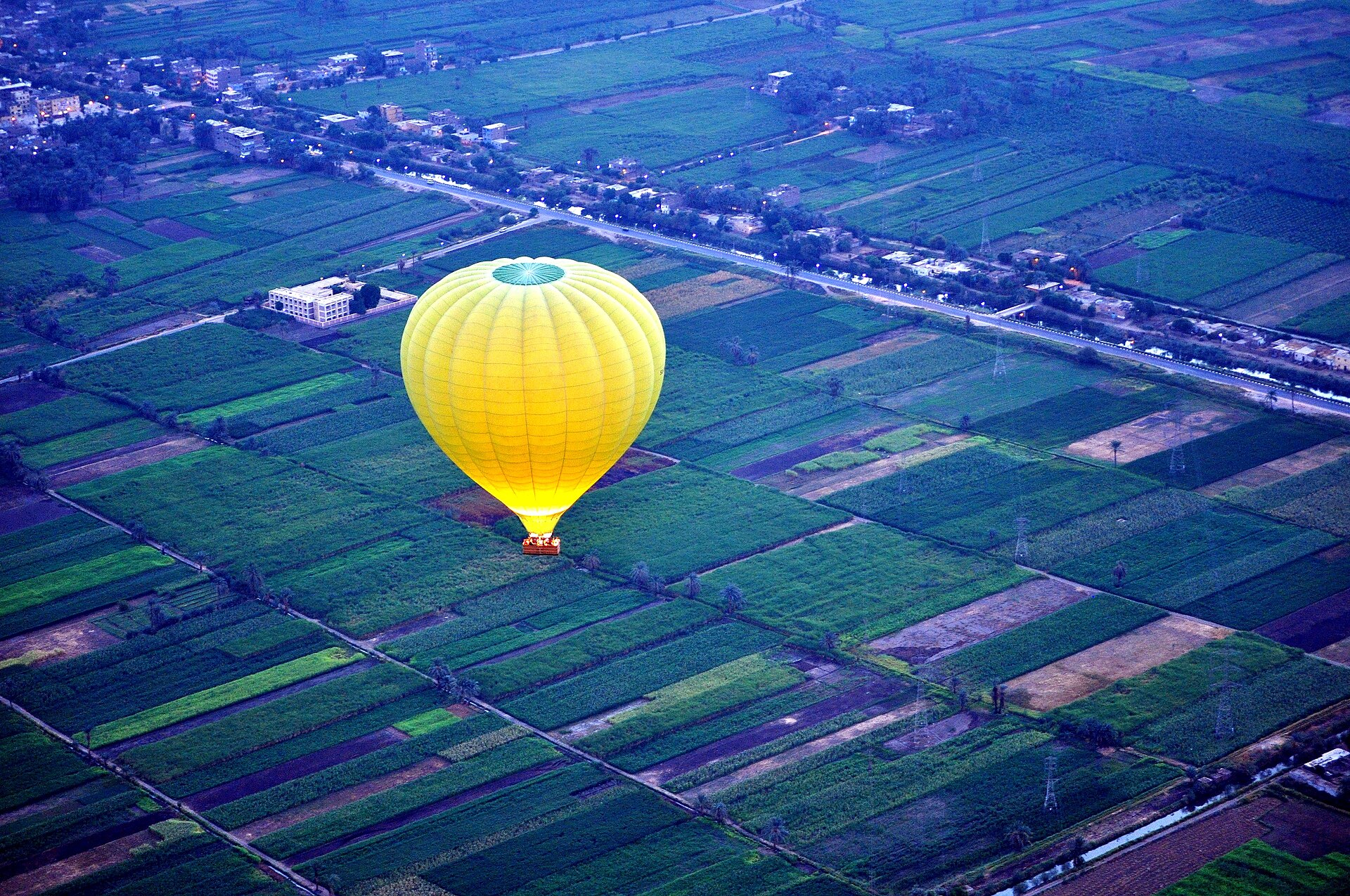 Yellow hot air balloon above cultivated fields near Luxor